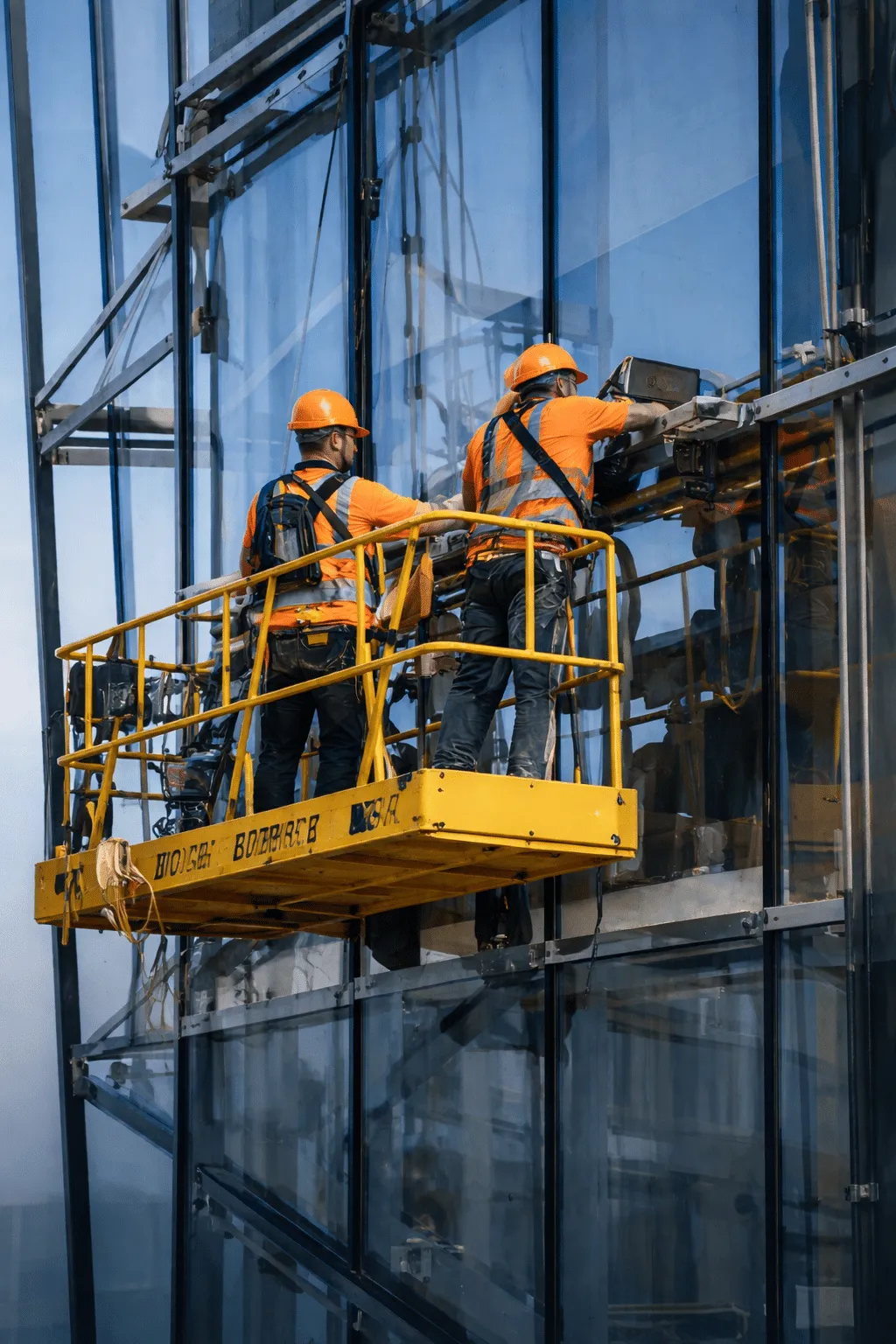 Glazing installers working from an aerial platform