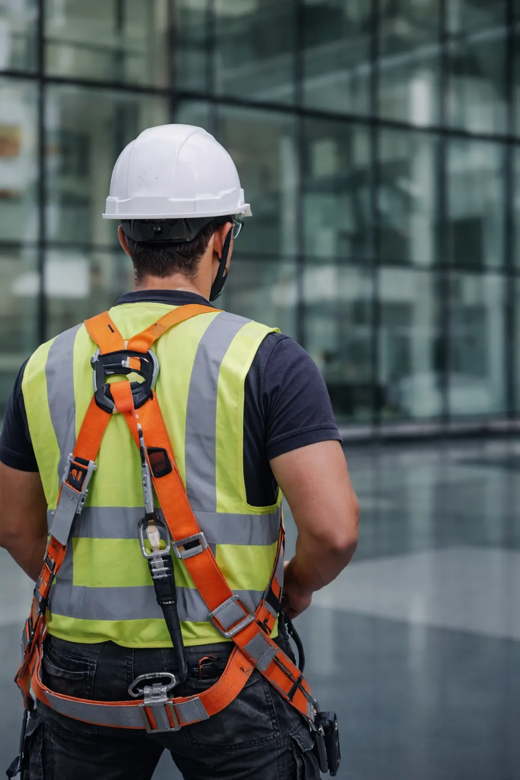 Construction professional wearing fall protection near a glass building